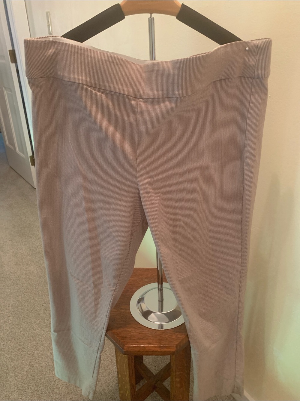 Light Taupe and white pin stripes Ribbed Knit  ankle Pants